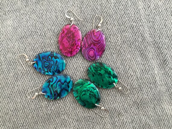 Pink oval dangle earrings/ pink, green, blue paua shell earrings/fuchsia drop earrings/ big dangles/ big colorful jewelry