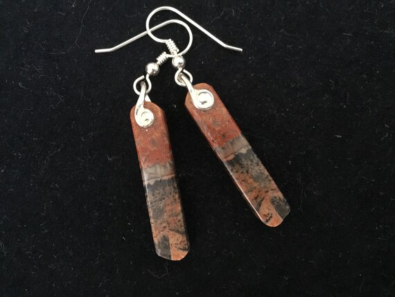 picture jasper dangles/earthy earrings/boho hippy jewelry/stone and sterling earrings/long thin drops