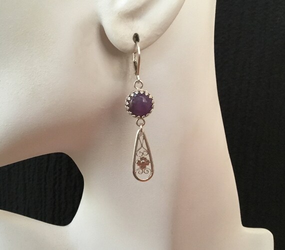 Purple amethyst and sterling dangles/lavender stone earrings/womans plum earring/floral drop earrings/amethyst jewelry