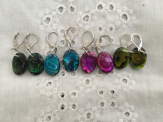 Abalone shell dangle earrings/ Magenta paua shell oval drops/small size paua dangle earring/green paua shell dangles