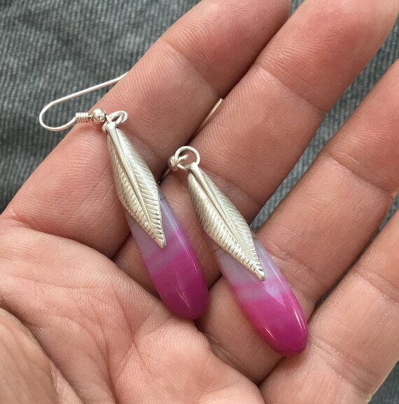 Pink and white dangles/fuchsia tear drop earrings/purple and silver drops/ leaf earrings/
