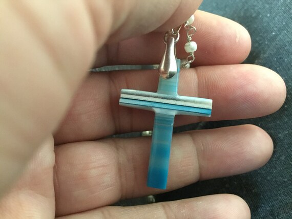 blue stone cross necklace/ blue and white agate cross/christmas necklace/teen jewelry