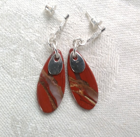 Red jasper dangle earrings/ red oval earrings/Red oval drop earrings/ rustic sterling and stone jewelry/boho earrings/