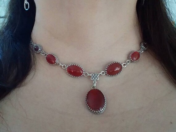 Red Carnelian stone choker/ seven stone necklace/ Sterling filigree necklace/ orange carnelian multi stone necklace /princess jewelry