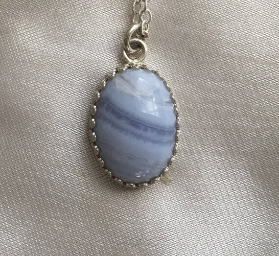 Blue lace pendant necklace. White stone and sterling jewelry. Agate necklace. White oval pendant.