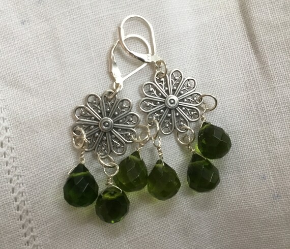 Womens chandelier earrings/fancy green dangles/multi stone and sterling chandeliers/ green earrings