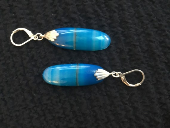 Blue dangle earrings/ blue agate with silver/blue stone and sterling/sky blue oval earrings/womans jewelry