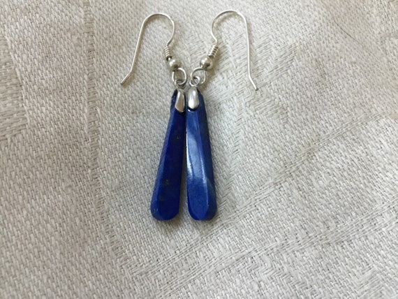 Small blue lapis lazuli dangles/long thin womans earrings/lapis and sterling earrings/Christmas jewelry/boho earrings