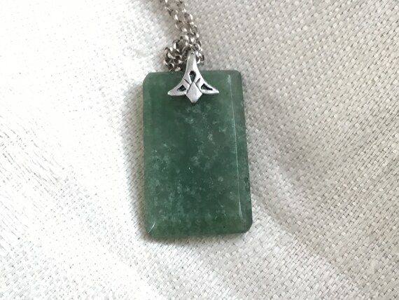 Green Jade pendant necklace/Rectangle jade stone pendant/Green stone and sterling filigree pendant necklace/ Hand made jade jewelry