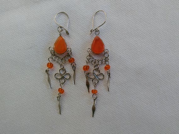 Orange Wire wrapped earrings/Silver wire beaded earrings/Orange earrings/Boho/hippie jewelry