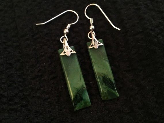 Green jasper and sterling dangles/stone and sterling earrings/ladies christmas earrings/natural green and black stone