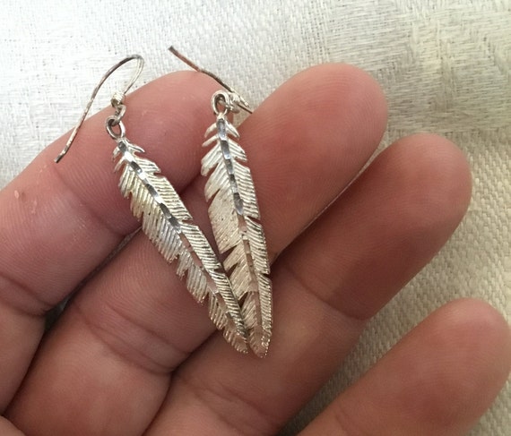 Sterling silver Feather earrings/ silver feather dangles/ eagle feather drop earrings/bird feather/free bird wings
