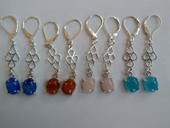 Blue Stone and sterling long drop earrings. Blue, red, pink and aqua. Long and fancy. Sterling and stone drop earrings.