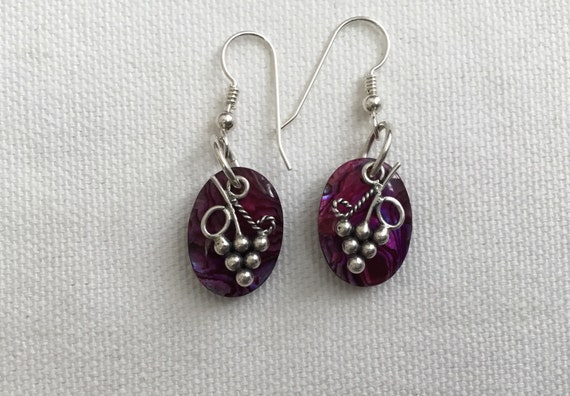 Purple grape earrings/ paua shall dangles/Fuchsia vino /wine lovers/