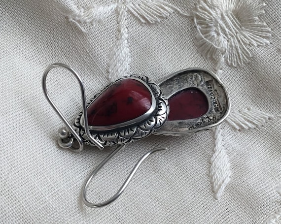 Red dangle earrings/vintage mexican silver/womens red stone jewelry/red stone and sterling/deep red jewelry/red coral jewelry/free shipping