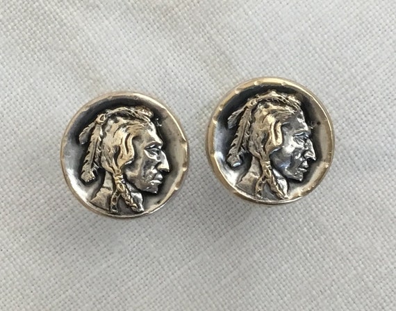 indian stud earrings/ Indian warrior round studs/Silver plated indian coin studs/Vintage jewelry