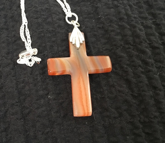 Orange stone cross/orange flame agate/fire and brimstone cross/stone and sterling cross