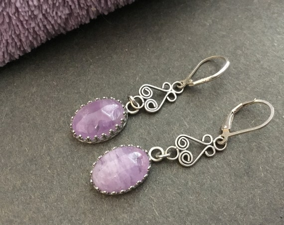 Purple amethyst dangle earrings/Purple stone jewelry/Hippie earrings/Boho jewelry/Oval stone and sterling earrings./Gift for woma