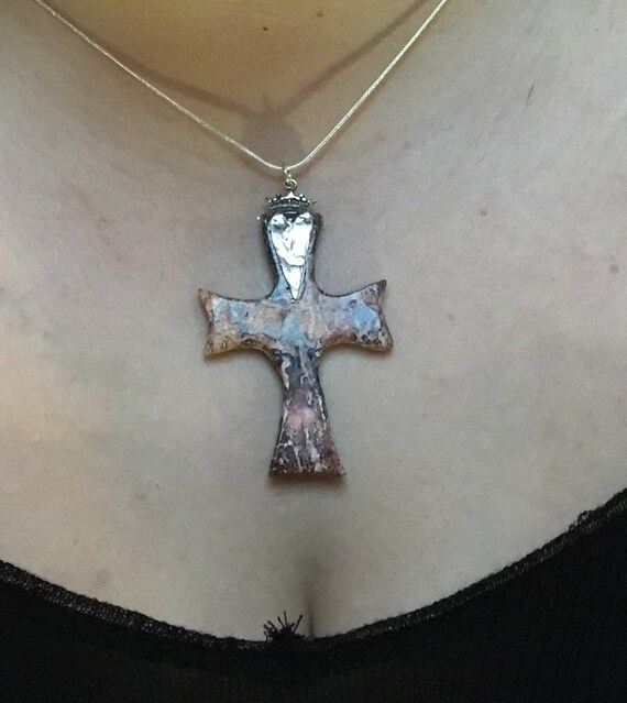 Leopard skin cross/Orange and red cross /Pectoral cross/ gothic stone cross necklace/spiritualist cross