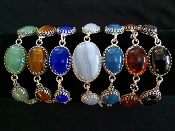 Sterling multi stone Bracelets . Five stone and bracelet. Filigree cabouchon link bracelet.