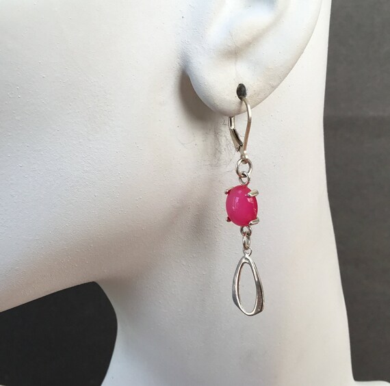 Hot pink dangle earrings/ fluorescent pink jewelry/bright pink drop earrings/ small pink oval/stone and sterling/onlystonejewelry