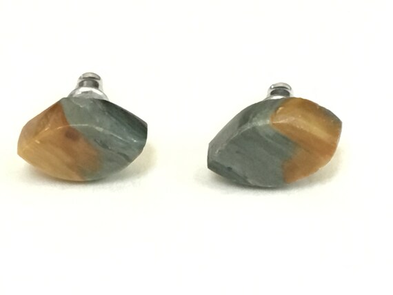 Blue and rust studs. Rustic rough cut stud earrings. Natural pastel stone earrings.Minamalist jewelry..