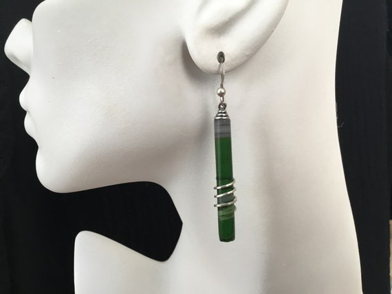 Green glass and wire wrapped dangles/green cylinder dangles/ sterling wire wrapped green dangles/womens christmas gift