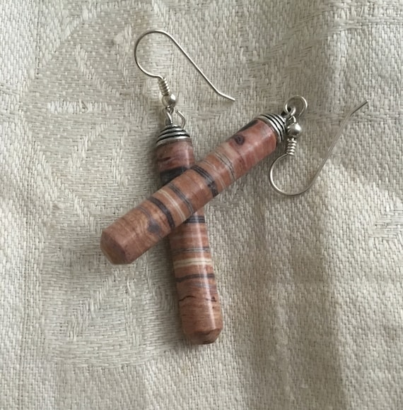 Tiger stripe dangle earrings/banded rhyolite stone jewelry/animal patterns/earth tone stone earrings/ womans rustic tribal jewelry