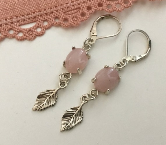Pink rose quartz dangle earrings/pink-and silver leaf earring/pink stone and sterling/rose quartz jewelry