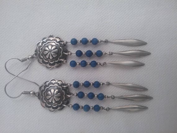 Blue Beaded dangle earrings/Sterling blue beaded drops/Long dangles/Boho jewelry/Vintage.