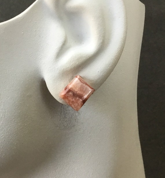 Pink and white stud earrings. Pink rectangle studs. Rhodochrosite stone stud earrings.Fuchsia studs.Tie dye earrings