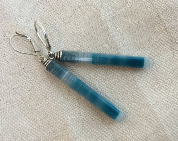 Blue dangle earrings/stone cylinder drops/ blue stone and sterling / blue and white stone /summer jewelry/long blue earrings