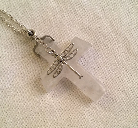 White dragonfly cross/Dragonfly stone cross/White agate jewelry/Sterling dragonfly/only stone jewelry