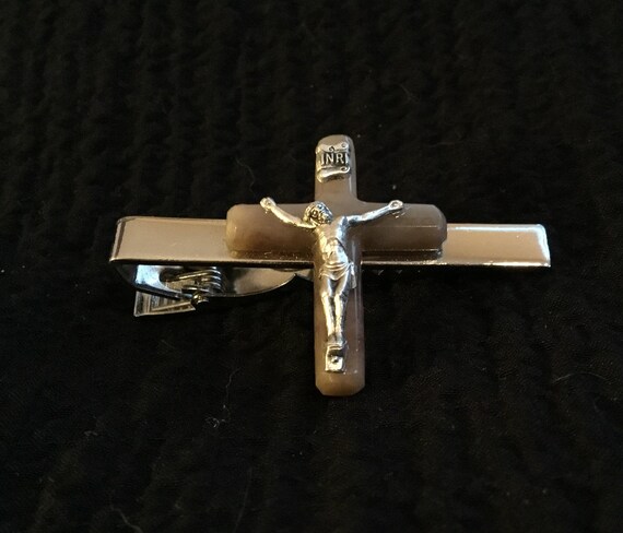 Mens crucifix tie clip/ storm agate cross tie clip/ mens christmas gift/church tie clip/ christian tie clip
