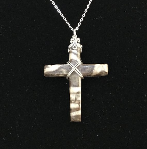 Leopard skin stone cross/Mans cross/Silver wire wrapped cross/Cross necklace and stering chain/Christian jewelry