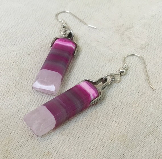 Fuchsia dangle earrings/pink and white dangle earrings/hot pink drop earrings/purple stone and sterling/Christmas gift/boho earrings