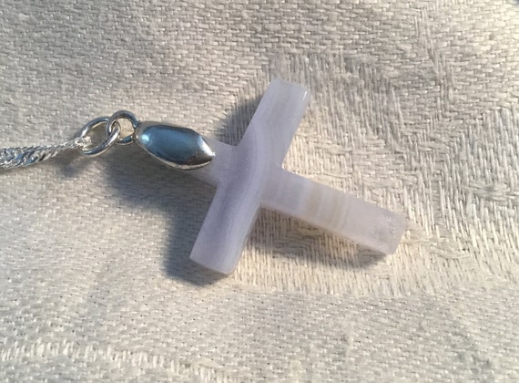 White cross necklace.Blue lace agate and sterling cross pendant. Christian jewelry. Womans cross.Stone jewelry. White pendant .unisex cross