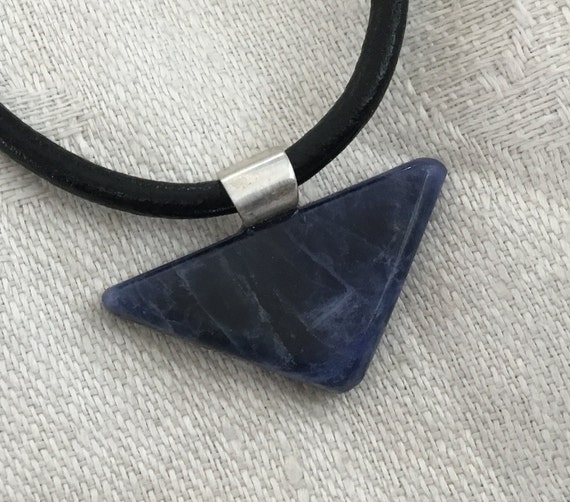 Mans blue triangle pendant/ blue sodalite choker/ blue stone and sterling necklace/blue stone and black rawhide