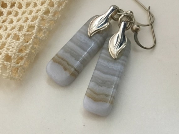 White dangle earrings/Blue lace agate jewelry/White banded earrings /white accessories / free shipping/only stone jewelry/stone and sterling