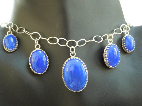 Blue five stone choker/ Blue oval stone necklace/ blue agate and sterling /womans jewelry/ filigree oval stone choker
