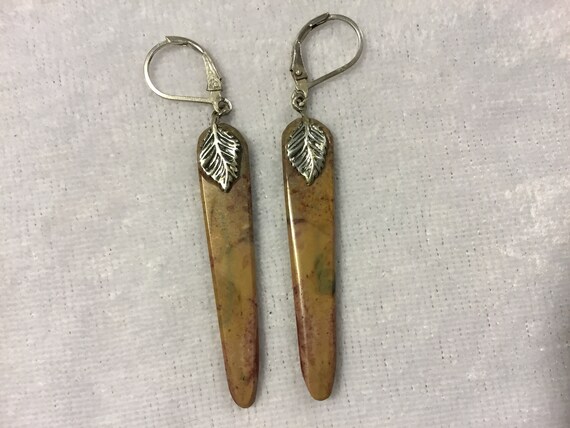 Orange stone dangle earrings. Pastel orange and sterling drops. Sterling leaf bails