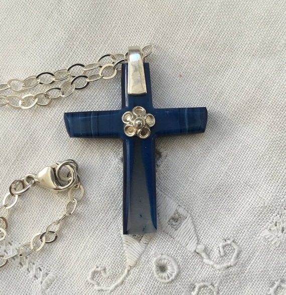 Blue agate cross pendant necklace/ blue stone cross/blue and silver/translucent glass cross/christian jewelry/womans christmas gift