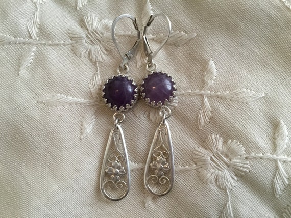 Purple amethyst and sterling dangles/lavender stone earrings/womans plum earring/floral drop earrings/amethyst jewelry