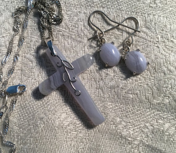 blue lace agate cross/white jewelry/white stone with sterling/womans cross and earrings/christian jewelry”