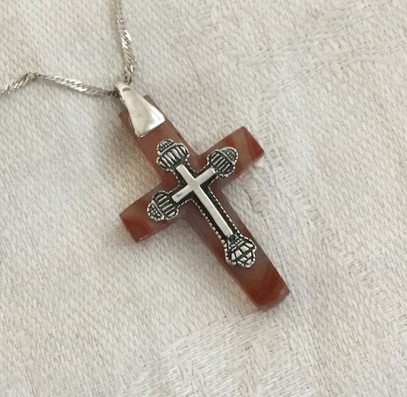 stone and sterling cross/Rust and sterling cross/glass cross pendant/ unisex cross/two sided cross /victorian crucifix