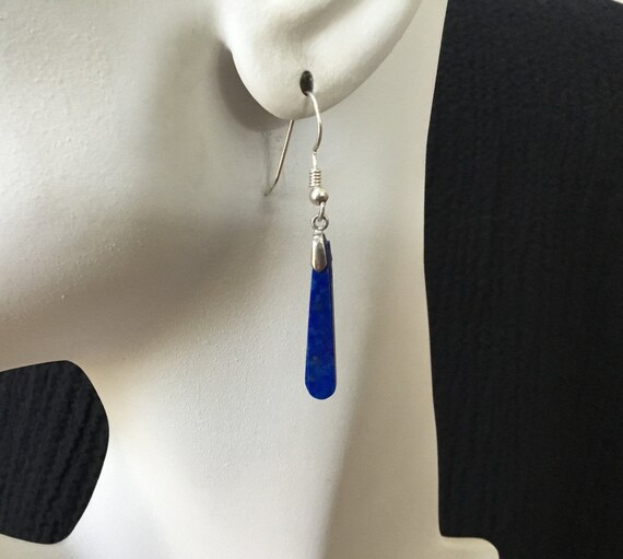 Small blue lapis lazuli dangles/long thin womans earrings/lapis and sterling earrings/Christmas jewelry/boho earrings