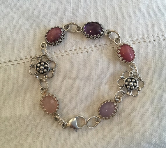 Five stone bracelet/ pink, purple bracelet/stone and floral link bracelet/ womans spring jewelry / easter jewelry