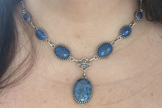 light blue stone choker/ seven stone necklace/ Sterling filigree necklace/ denim lapis or carnelian multi stone necklace/red carpet jewelry