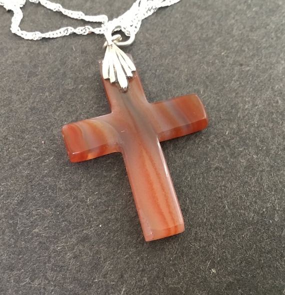 Flame cross/orange flame agate/fire and brimstone cross/stone and sterling cross/christian jewelry