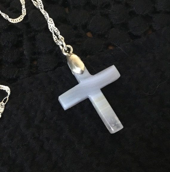 White cross necklace.Blue lace agate and sterling cross pendant. Christian jewelry. Womans cross.Stone jewelry. White pendant .unisex cross